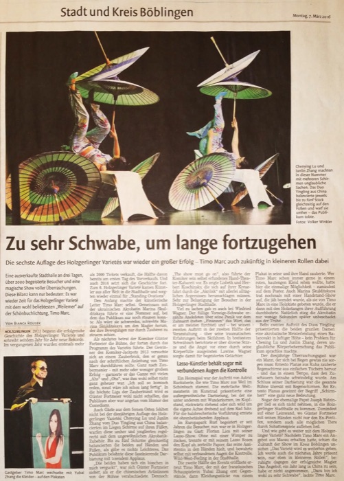 Marina Skulditskaya und Timo Marc bei der Illusion "Magic meets acrobatic" im Holzgerlinger Varieté