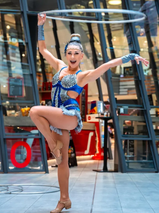 Marina Skulditskaya performing her hula hoop show act at the 10th anniversary of MILANEO in Stuttgart